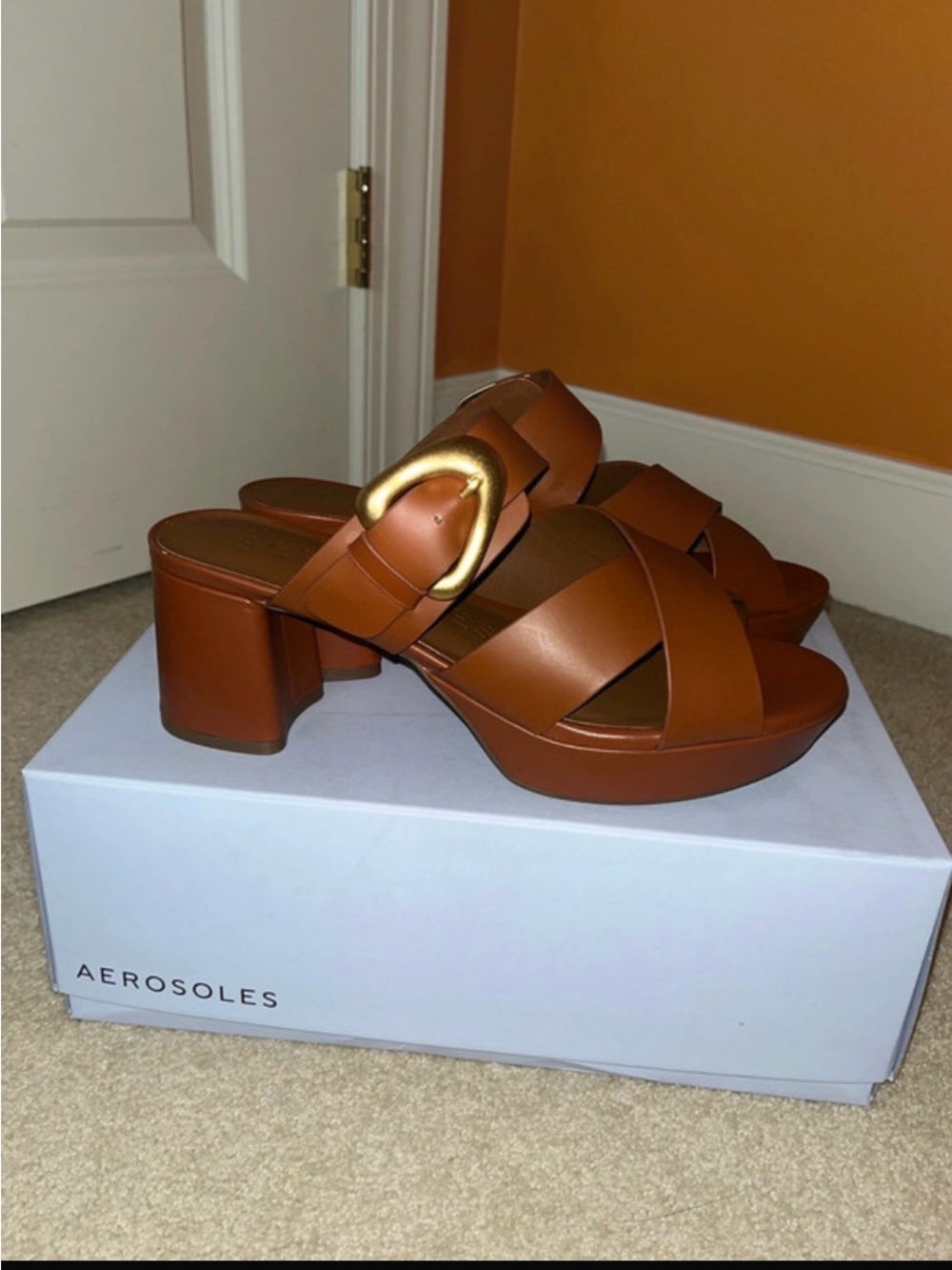 AEROSOLES Cognac Leather Platform Slide Heels with Gold Buckle